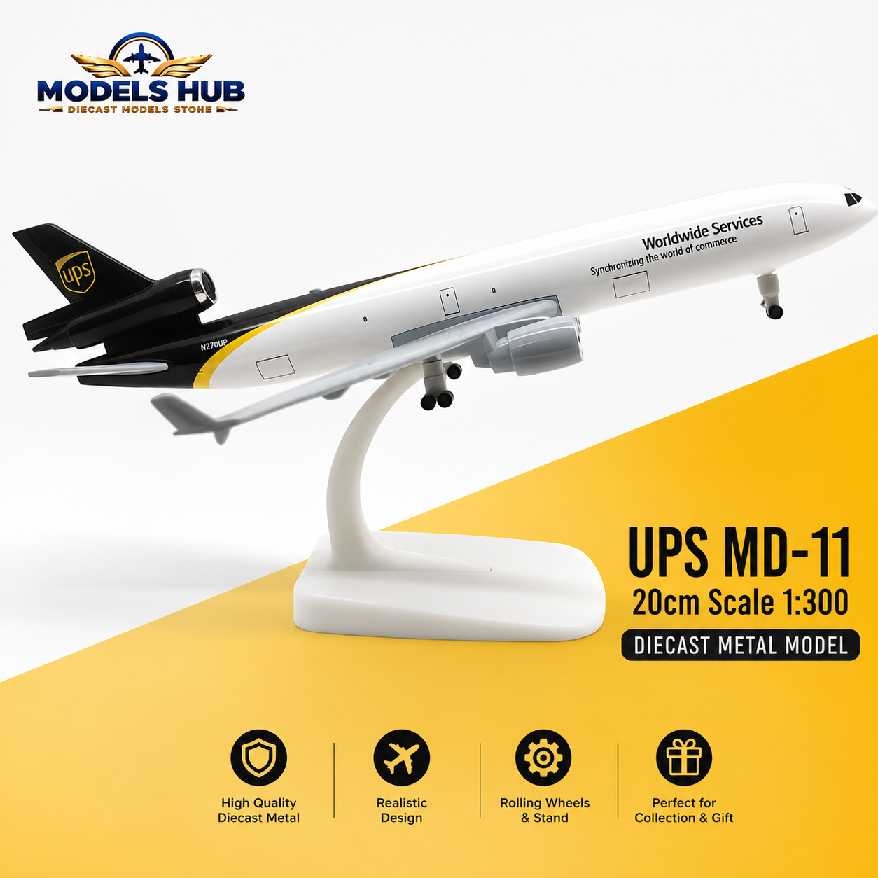 UPS World Cargo MD-11 20cm Scale 1:300 Metal Body Model Airplane with Wheels – Airlines Aircraft Model for Home & Office Decor, Collectible Aviation Display & Gift - Image 4